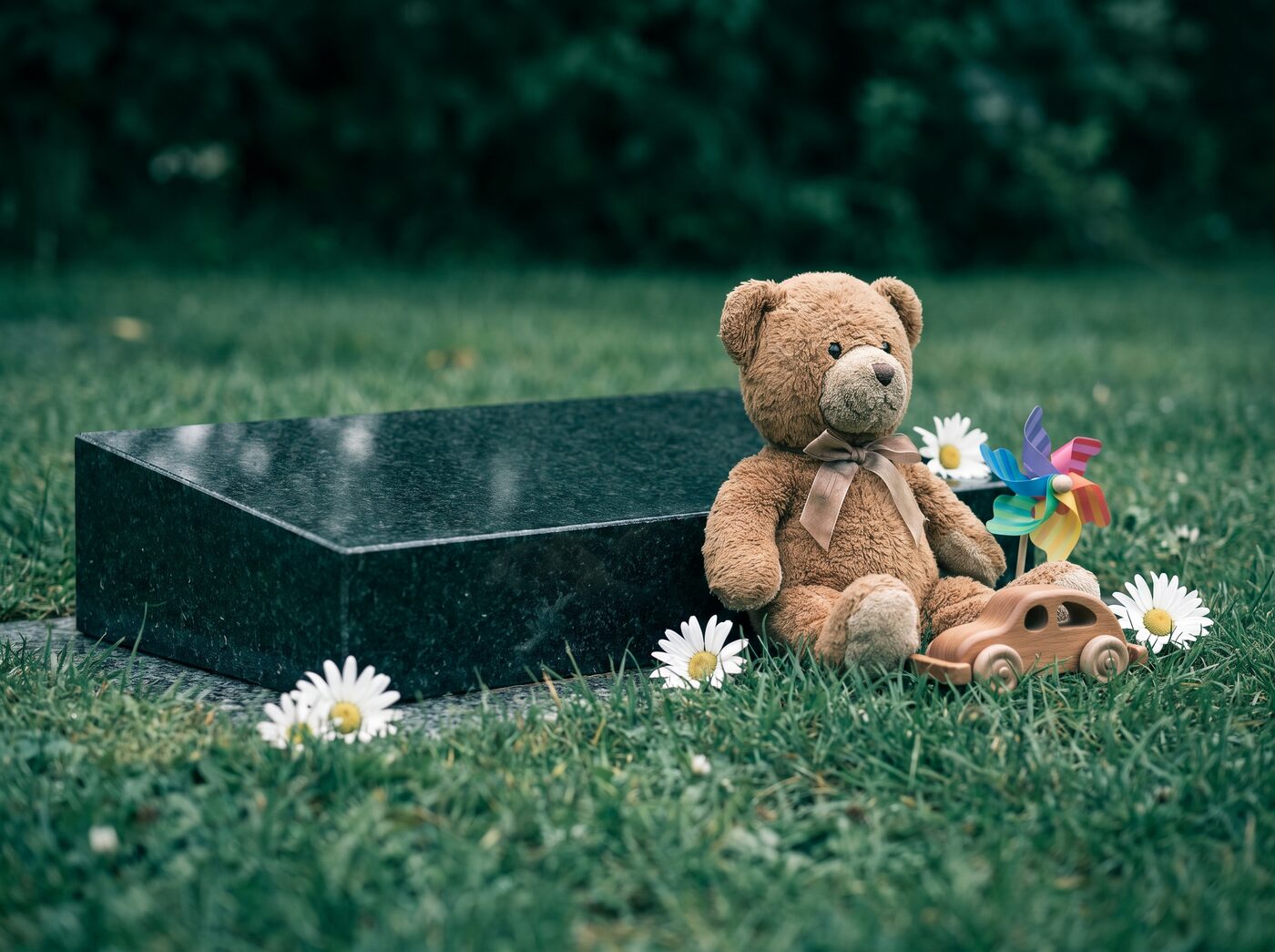 A small teddy bear and toys resting against a clean marker