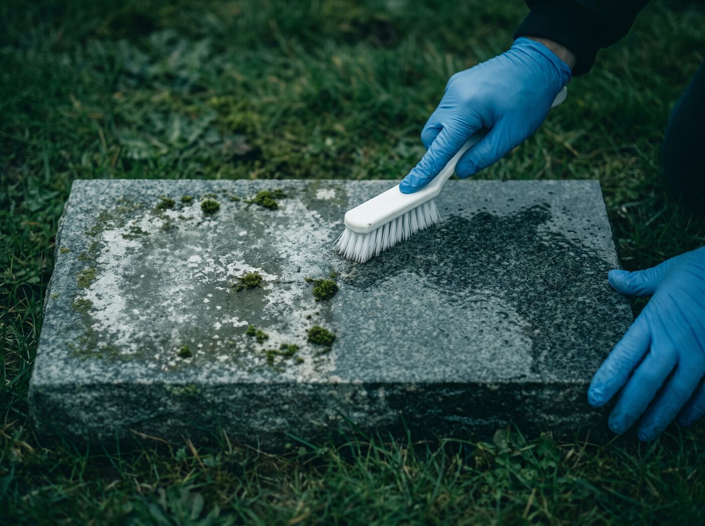 A gloved hand brushing mineral film off a flat granite marker
