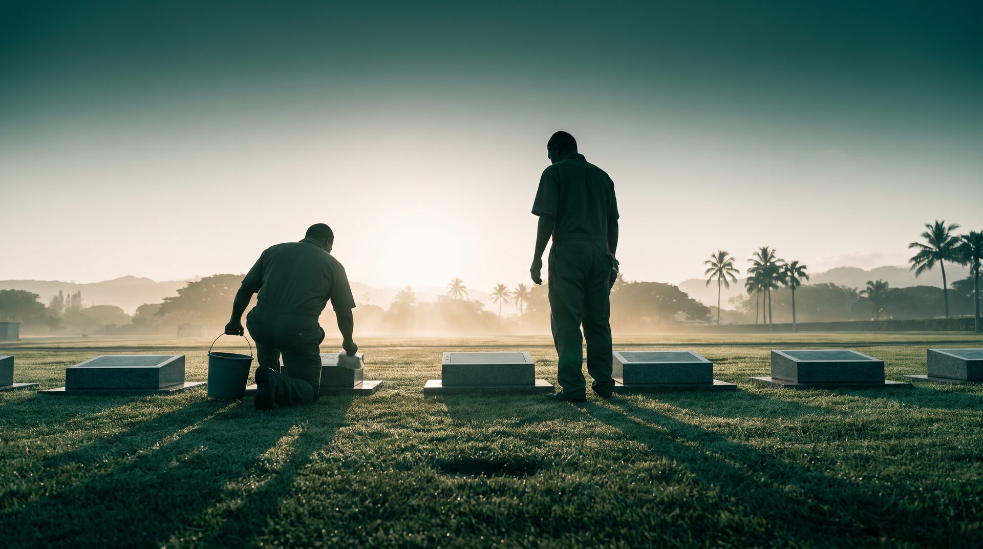 Two care technicians working a row of flat markers at sunrise
