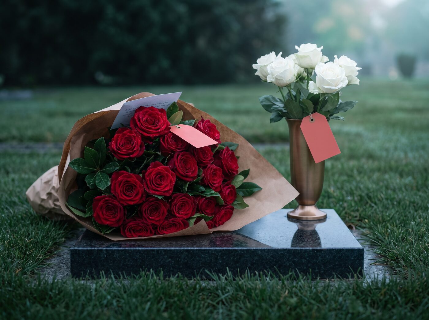 Fresh red roses laid across a clean granite marker